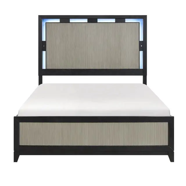 Alt view image 3 of 7 - Contemporary Charcoal Gray Finish Queen Size Bed Integrated LED Backlighting Solid Wood Bedroom Furniture 1pc Reeded Panels