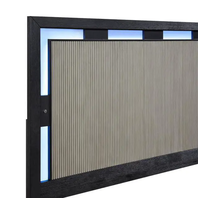 Alt view image 7 of 7 - Contemporary Charcoal Gray Finish Queen Size Bed Integrated LED Backlighting Solid Wood Bedroom Furniture 1pc Reeded Panels