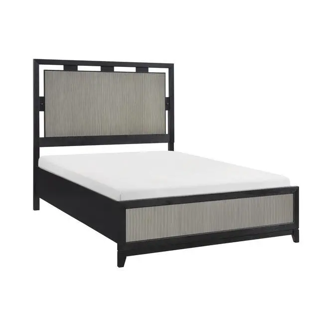Alt view image 2 of 7 - Contemporary Charcoal Gray Finish Queen Size Bed Integrated LED Backlighting Solid Wood Bedroom Furniture 1pc Reeded Panels