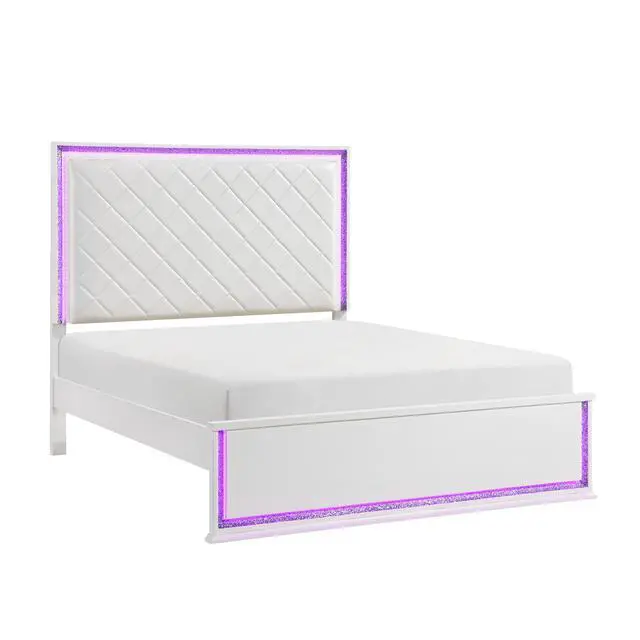 Alt view image 7 of 7 - Contemporary Glam White Finish Queen Bed Upholstered Headboard Led Light 8-Colors Bedroom Furniture 1Pc