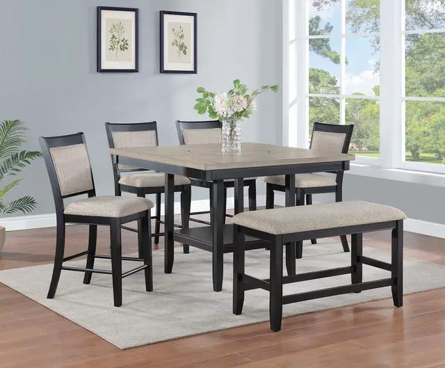 Alt view image 5 of 5 - Farmhouse Style 1pc Black Light Gray Counter Height Bench Footrest Upholstered Seat Wooden Furniture