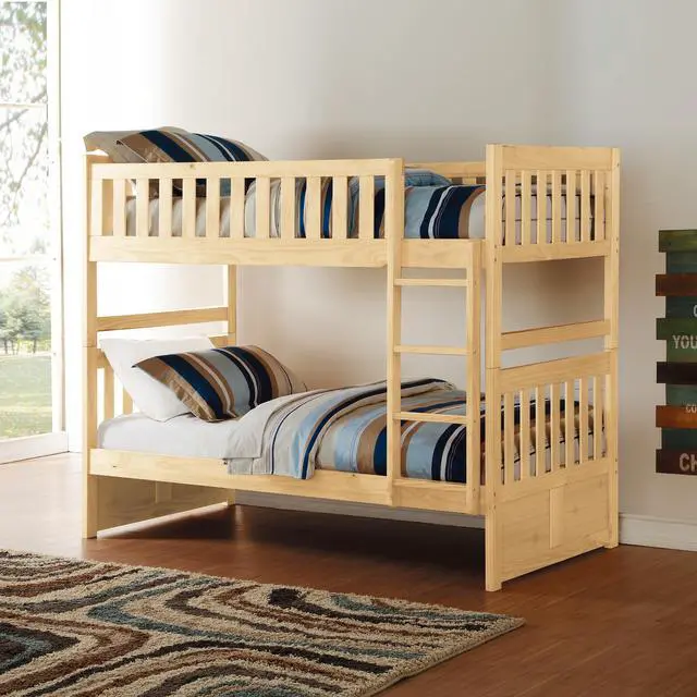 Main image of Bunk Bed Twin Over Twin Natural Pine Finish Sturdy Ladder Wooden Transitional Bedroom Furniture 1Pc Children Bed