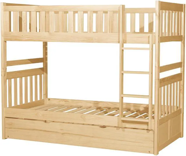 Alt view image 3 of 7 - Twin Over Twin Bunk Bed With Trundle Natural Pine Finish Sturdy Ladder Wooden Transitional Bedroom Furniture 1Pc Children Bed