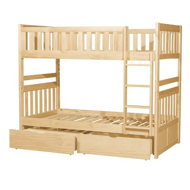Alt view image 5 of 7 - Twin Over Twin Bunk Bed With Storage Boxes Natural Pine Finish Sturdy Ladder Wooden Transitional Bedroom Furniture 1Pc Children Bed