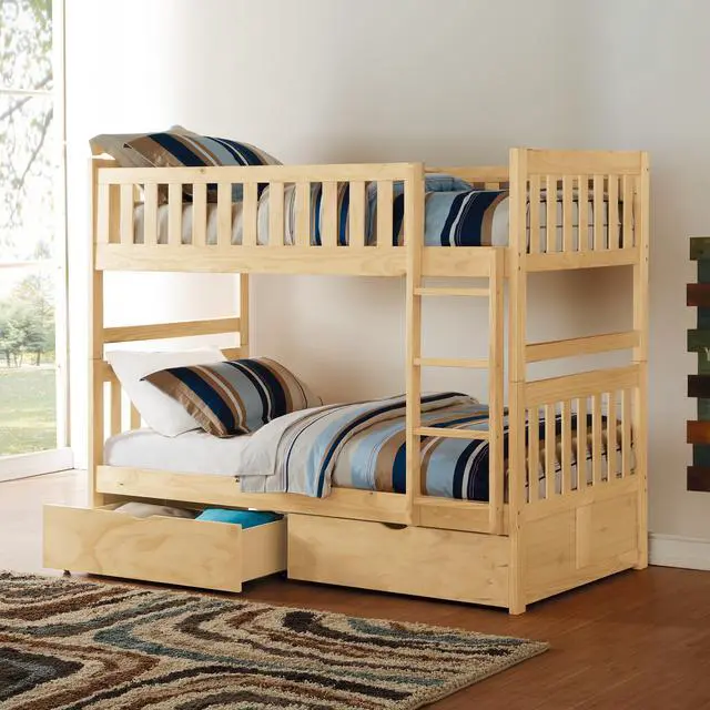Main image of Twin Over Twin Bunk Bed With Storage Boxes Natural Pine Finish Sturdy Ladder Wooden Transitional Bedroom Furniture 1Pc Children Bed