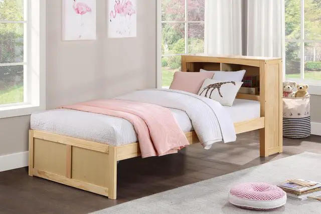 Main image of Modern Twin Size Platform Bed Bookcase Headboard Natural Pine Finish Wooden Bedroom Furniture 1Pc