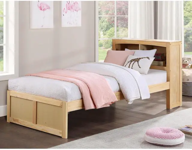 Alt view image 4 of 5 - Modern Twin Size Platform Bed Bookcase Headboard Natural Pine Finish Wooden Bedroom Furniture 1Pc