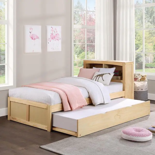 Main image of Modern Twin Size Platform Bed With Trundle Bookcase Headboard Natural Pine Finish Wooden Bedroom Furniture 1Pc
