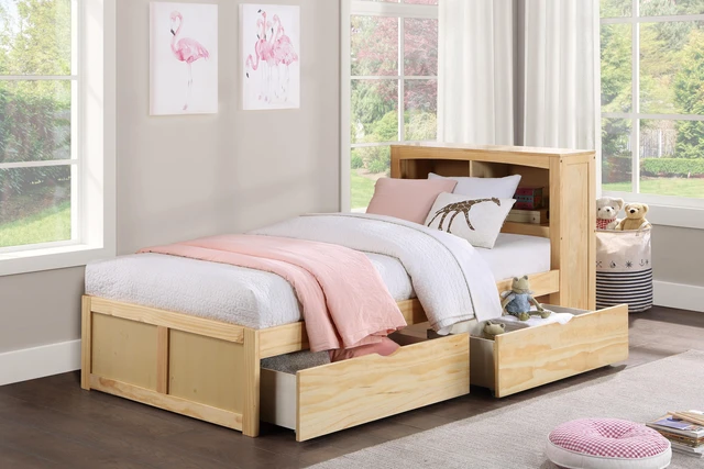 Main image of Modern Twin Size Platform Bed With Bookcase Headboard Storage Boxes Natural Pine Finish Wooden Bedroom Furniture 1Pc