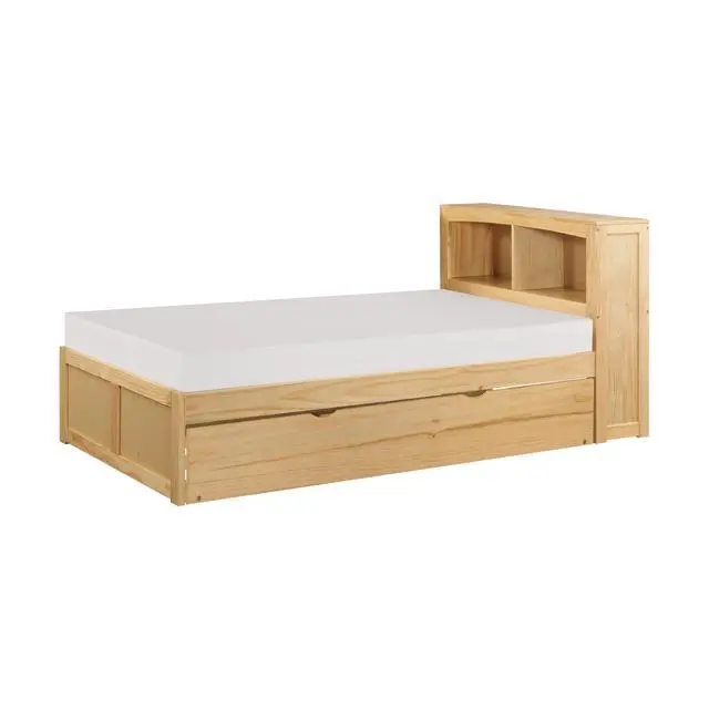 Alt view image 2 of 7 - Modern Twin Size Platform Bed With Trundle Bookcase Headboard Natural Pine Finish Wooden Bedroom Furniture 1Pc
