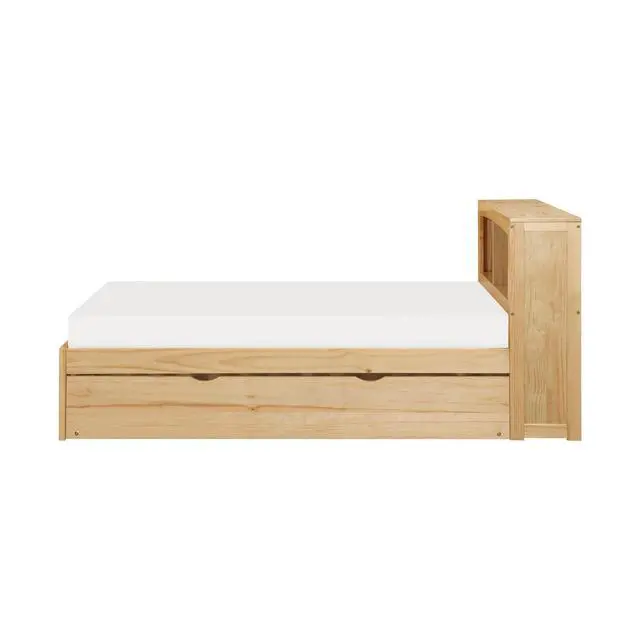 Alt view image 4 of 7 - Modern Twin Size Platform Bed With Trundle Bookcase Headboard Natural Pine Finish Wooden Bedroom Furniture 1Pc