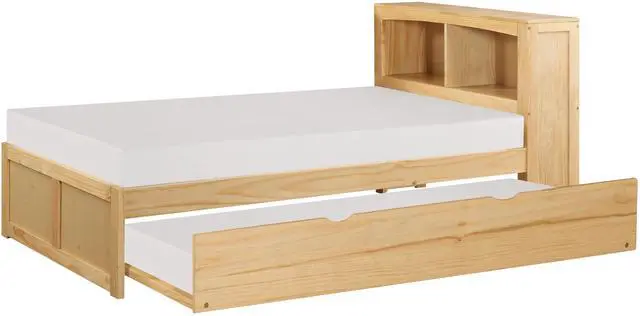 Alt view image 3 of 7 - Modern Twin Size Platform Bed With Trundle Bookcase Headboard Natural Pine Finish Wooden Bedroom Furniture 1Pc