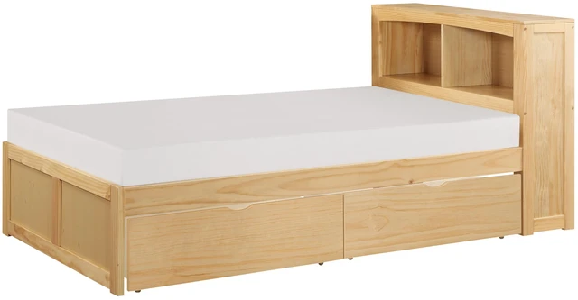 Alt view image 2 of 7 - Modern Twin Size Platform Bed With Bookcase Headboard Storage Boxes Natural Pine Finish Wooden Bedroom Furniture 1Pc