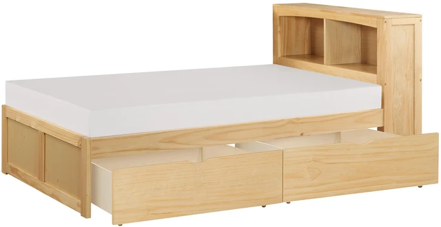 Alt view image 3 of 7 - Modern Twin Size Platform Bed With Bookcase Headboard Storage Boxes Natural Pine Finish Wooden Bedroom Furniture 1Pc