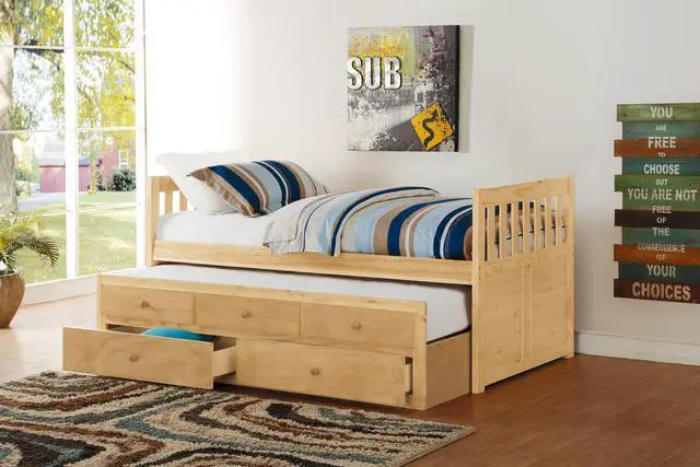 Main image of Twin/Twin Trundle Bed With Storage Drawers Natural Pine Finish Wooden Bedroom Furniture 1Pc Captain Bed