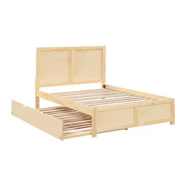 Alt view image 6 of 7 - Contemporary Full Size Platform Bed With Twin Trundle Sleek Design Natural Pine Finish Wooden Bedroom Furniture 1Pc