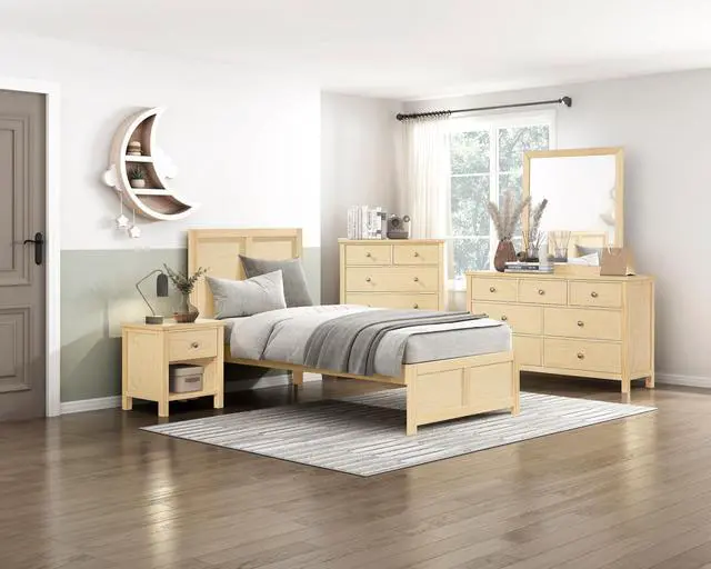 Alt view image 5 of 7 - Contemporary Twin Size Platform Bed Sleek Design Natural Pine Finish Wooden Bedroom Furniture 1Pc