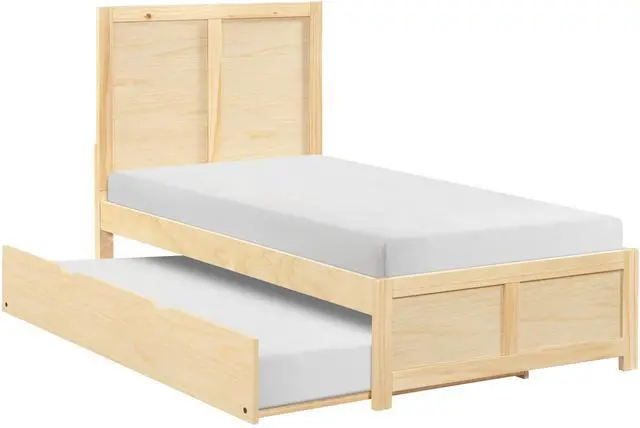 Main image of Contemporary Twin Size Platform Bed With Pull-Out Trundle Sleek Design Natural Pine Finish Wooden Bedroom Furniture 1Pc