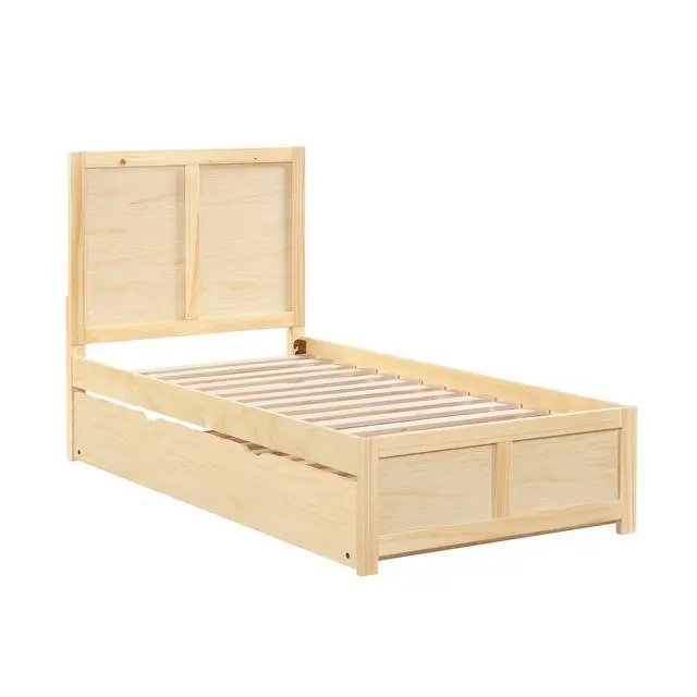 Alt view image 5 of 7 - Contemporary Twin Size Platform Bed With Pull-Out Trundle Sleek Design Natural Pine Finish Wooden Bedroom Furniture 1Pc