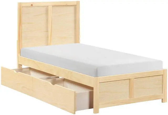 Main image of Contemporary Twin Size Platform Bed With Storage Toy Boxes Sleek Design Natural Pine Finish Wooden Bedroom Furniture 1Pc
