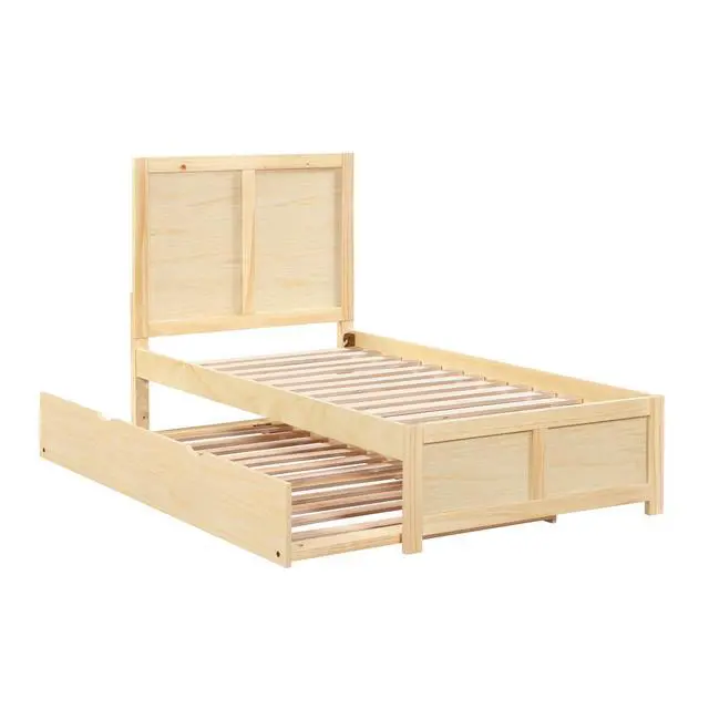 Alt view image 6 of 7 - Contemporary Twin Size Platform Bed With Pull-Out Trundle Sleek Design Natural Pine Finish Wooden Bedroom Furniture 1Pc