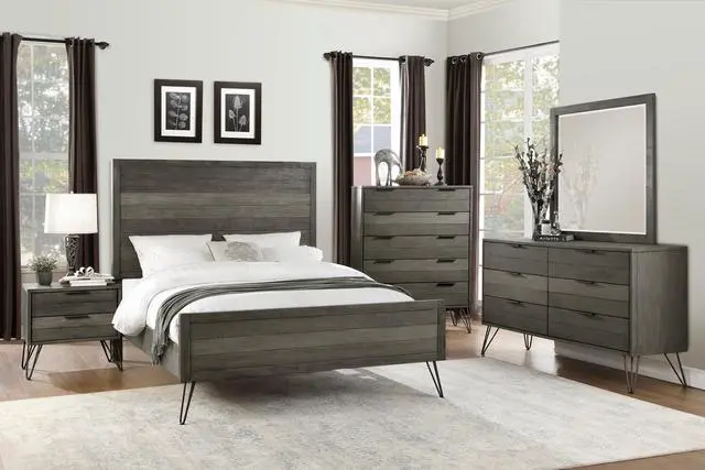 Alt view image 5 of 6 - Contemporary Full Bed Solid Acacia Wood Metal Legs Slat Design Paneling 3-Tone Gray Finish Bedroom Furniture 1Pc