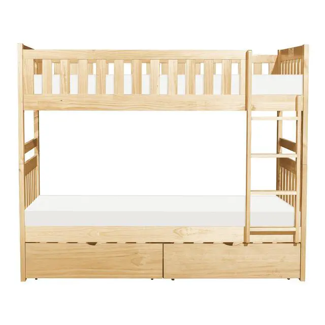 Alt view image 2 of 7 - Twin Over Twin Bunk Bed With Storage Boxes Natural Pine Finish Sturdy Ladder Wooden Transitional Bedroom Furniture 1Pc Children Bed