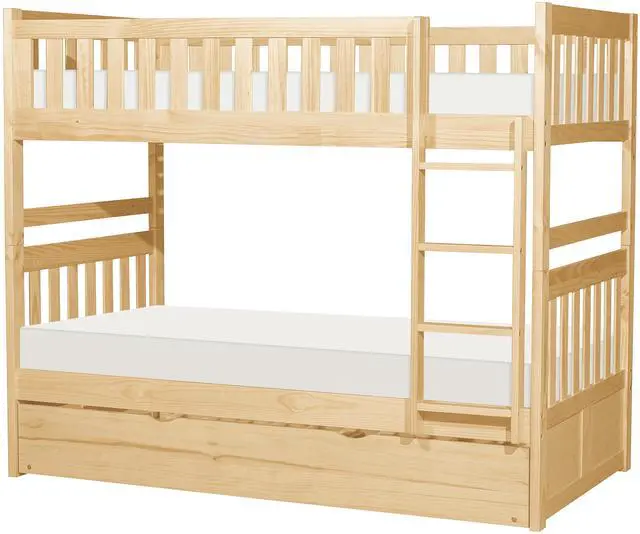 Alt view image 2 of 7 - Twin Over Twin Bunk Bed With Trundle Natural Pine Finish Sturdy Ladder Wooden Transitional Bedroom Furniture 1Pc Children Bed