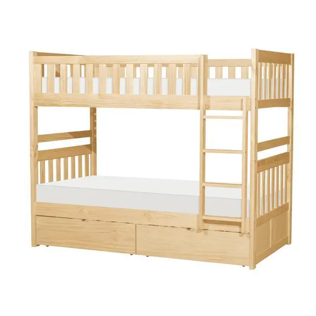 Alt view image 3 of 7 - Twin Over Twin Bunk Bed With Storage Boxes Natural Pine Finish Sturdy Ladder Wooden Transitional Bedroom Furniture 1Pc Children Bed