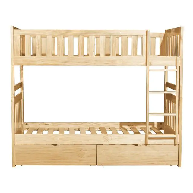 Alt view image 6 of 7 - Twin Over Twin Bunk Bed With Storage Boxes Natural Pine Finish Sturdy Ladder Wooden Transitional Bedroom Furniture 1Pc Children Bed
