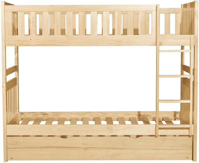 Alt view image 5 of 7 - Twin Over Twin Bunk Bed With Trundle Natural Pine Finish Sturdy Ladder Wooden Transitional Bedroom Furniture 1Pc Children Bed