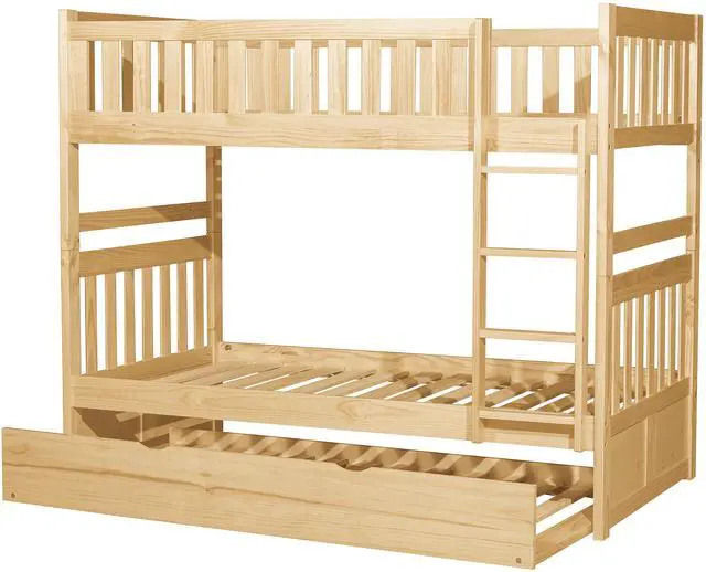 Alt view image 4 of 7 - Twin Over Twin Bunk Bed With Trundle Natural Pine Finish Sturdy Ladder Wooden Transitional Bedroom Furniture 1Pc Children Bed