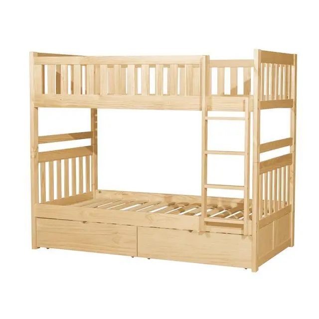 Alt view image 4 of 7 - Twin Over Twin Bunk Bed With Storage Boxes Natural Pine Finish Sturdy Ladder Wooden Transitional Bedroom Furniture 1Pc Children Bed