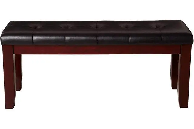 Alt view image 3 of 7 - 1Pc Modern Bench with Leather-Look Seat Tufted Upholstery Tapered Wood Legs Bedroom Living Room Furniture Cherry Brown Finish