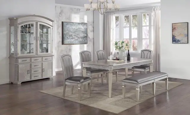 Alt view image 5 of 6 - 1-Pc Modern Glam Long Bench Upholstered Seat Sparkling Embellishments Silver Gray Finish Furniture Bedroom Living Room Dining Room