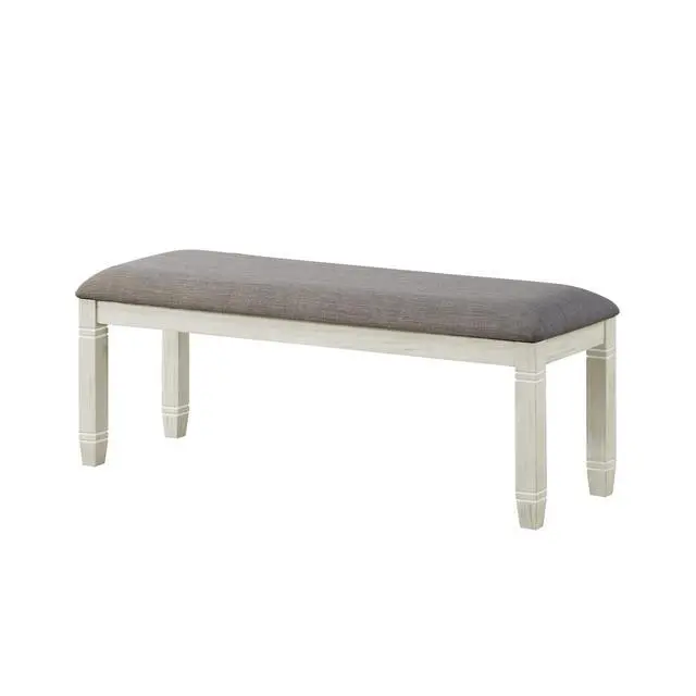 Alt view image 3 of 6 - Antique White Finish 1pc 48-inch Bench Upholstered Seat Textured Fabric Wooden Dining Kitchen Furniture