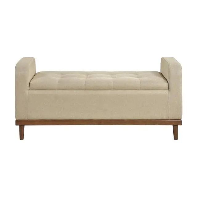 Alt view image 3 of 6 - Mid-Century Modern Lift Top Storage Bench 1pc Light Brown Upholstered Tufted Solid Wood Walnut Finish Wooden Furniture