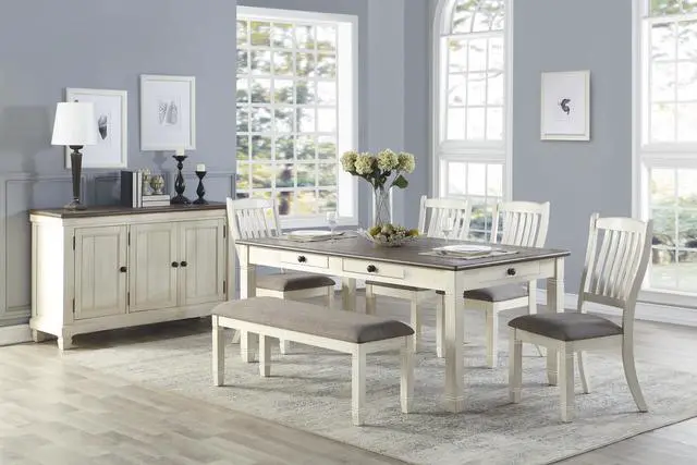Alt view image 4 of 6 - Antique White Finish 1pc 48-inch Bench Upholstered Seat Textured Fabric Wooden Dining Kitchen Furniture