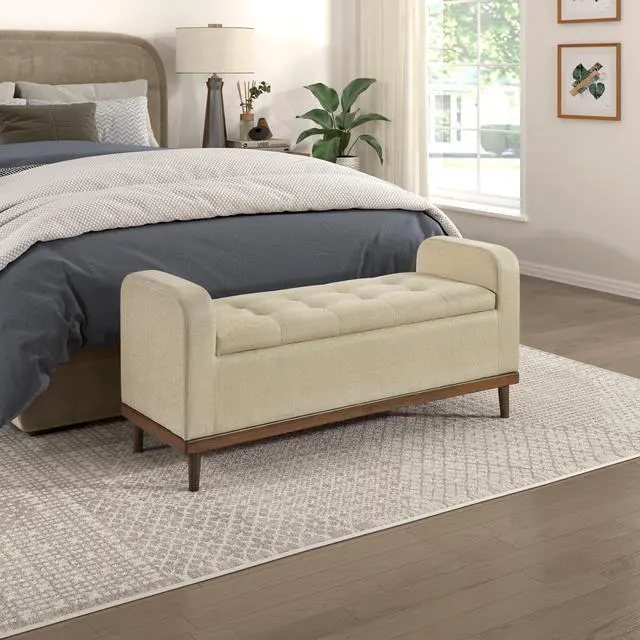 Main image of Mid-Century Modern Lift Top Storage Bench 1pc Light Brown Upholstered Tufted Solid Wood Walnut Finish Wooden Furniture
