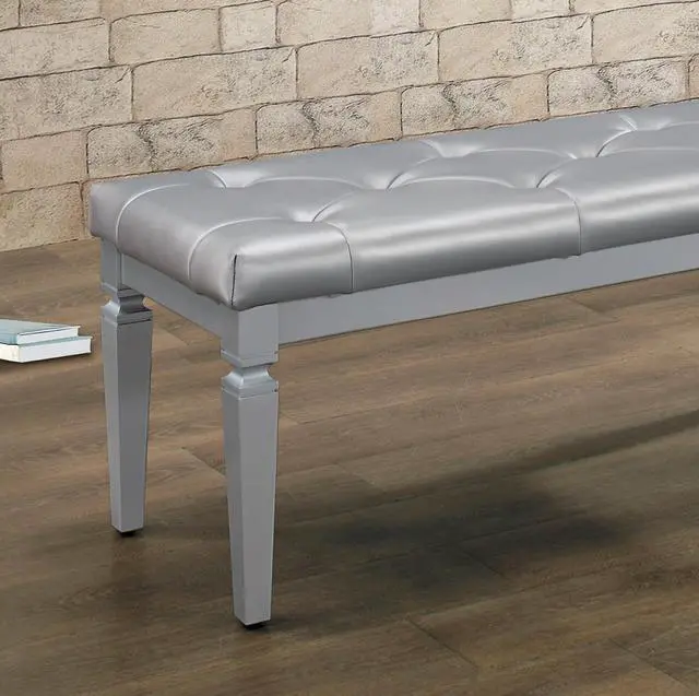 Alt view image 2 of 5 - Modern Glam Silver Finish 1pc Bench Tufted Seat Foam Cushioned Faux Leather Upholstery Bedroom Furniture Home Decor