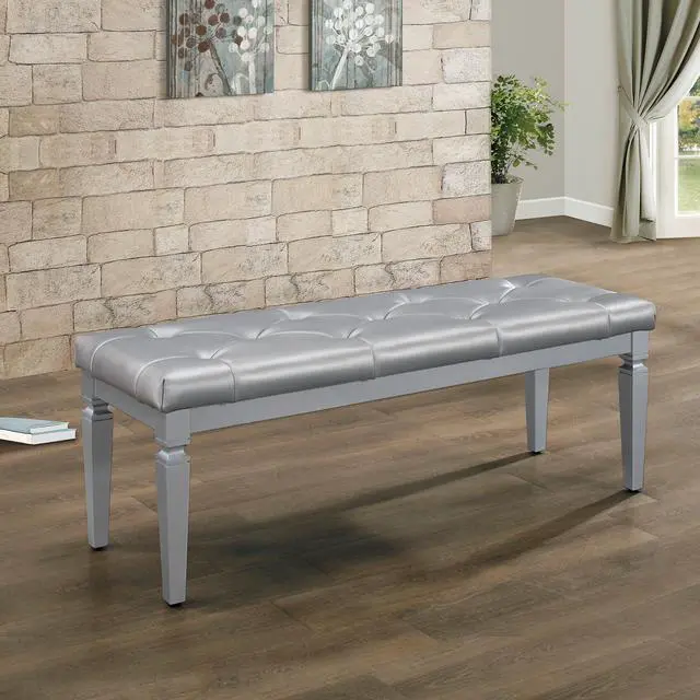 Main image of Modern Glam Silver Finish 1pc Bench Tufted Seat Foam Cushioned Faux Leather Upholstery Bedroom Furniture Home Decor