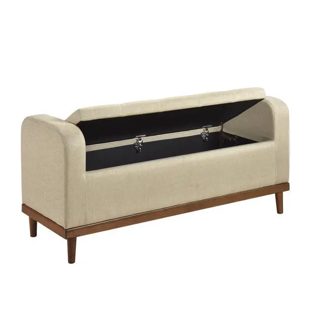 Alt view image 5 of 6 - Mid-Century Modern Lift Top Storage Bench 1pc Light Brown Upholstered Tufted Solid Wood Walnut Finish Wooden Furniture