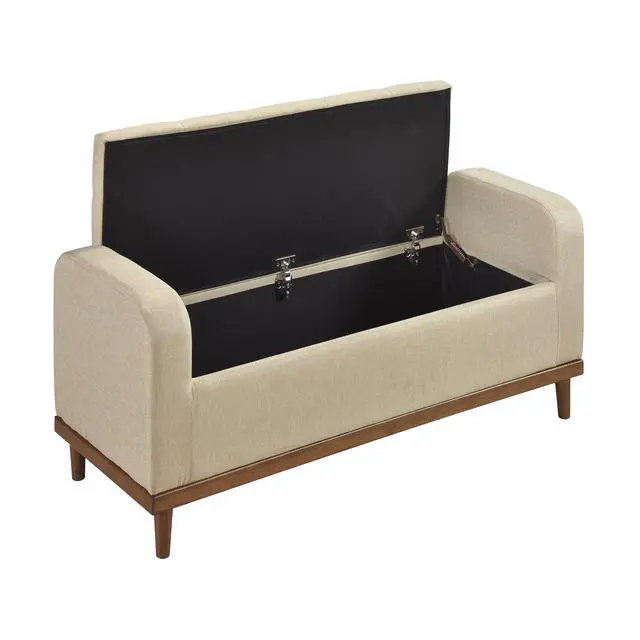 Alt view image 6 of 6 - Mid-Century Modern Lift Top Storage Bench 1pc Light Brown Upholstered Tufted Solid Wood Walnut Finish Wooden Furniture