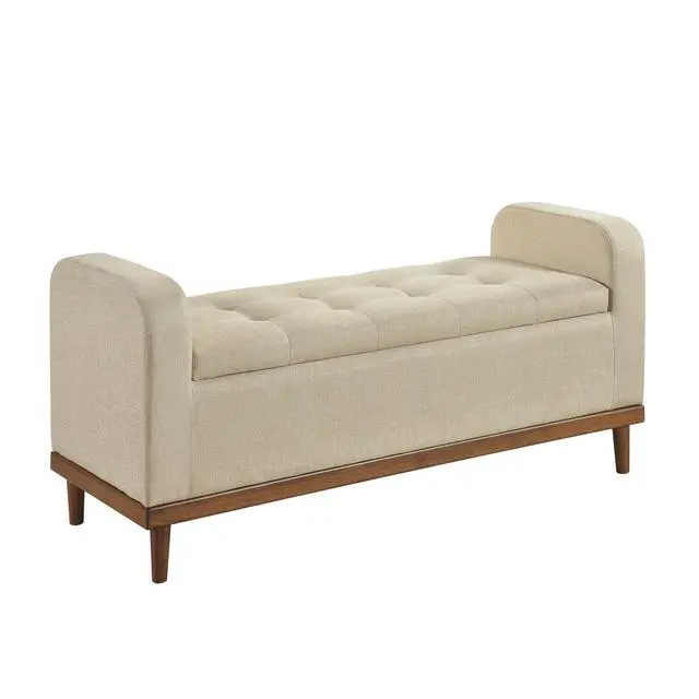 Alt view image 4 of 6 - Mid-Century Modern Lift Top Storage Bench 1pc Light Brown Upholstered Tufted Solid Wood Walnut Finish Wooden Furniture