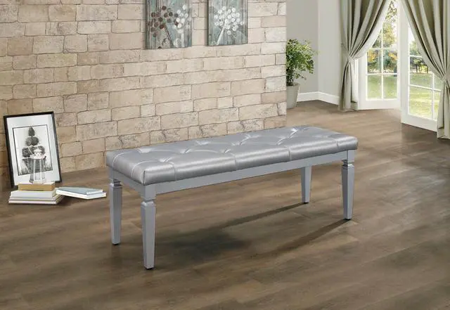 Alt view image 3 of 5 - Modern Glam Silver Finish 1pc Bench Tufted Seat Foam Cushioned Faux Leather Upholstery Bedroom Furniture Home Decor