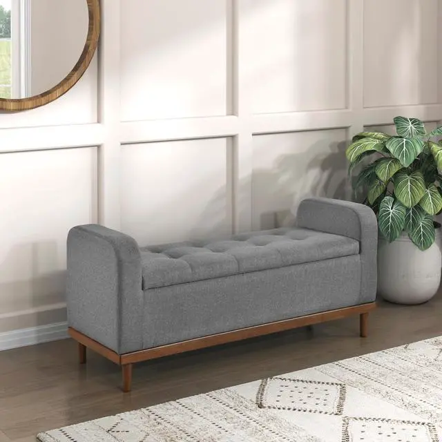Main image of Mid-Century Modern Lift Top Storage Bench 1pc Tufted Gray Upholstered Solid Wood Walnut Finish Wooden Furniture