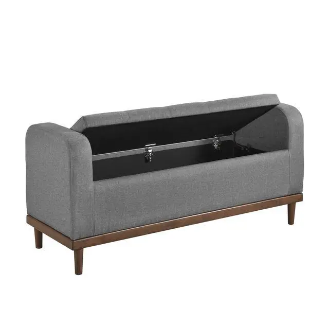 Alt view image 6 of 7 - Mid-Century Modern Lift Top Storage Bench 1pc Tufted Gray Upholstered Solid Wood Walnut Finish Wooden Furniture