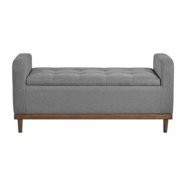 Alt view image 4 of 7 - Mid-Century Modern Lift Top Storage Bench 1pc Tufted Gray Upholstered Solid Wood Walnut Finish Wooden Furniture