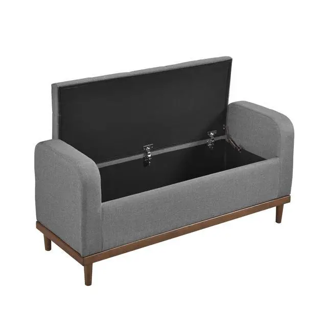 Alt view image 7 of 7 - Mid-Century Modern Lift Top Storage Bench 1pc Tufted Gray Upholstered Solid Wood Walnut Finish Wooden Furniture