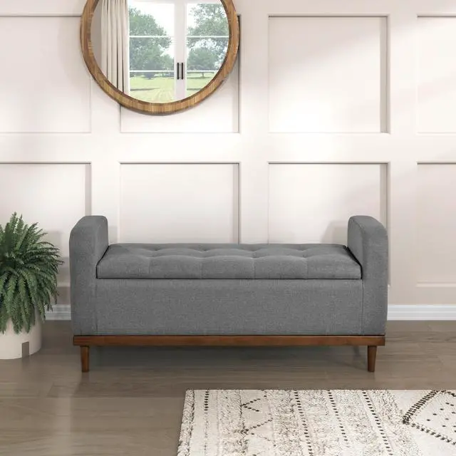 Alt view image 2 of 7 - Mid-Century Modern Lift Top Storage Bench 1pc Tufted Gray Upholstered Solid Wood Walnut Finish Wooden Furniture